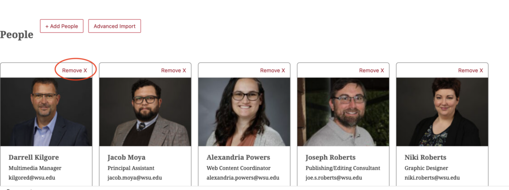 People profiles with red circle around Remove X button at top of profile card. 